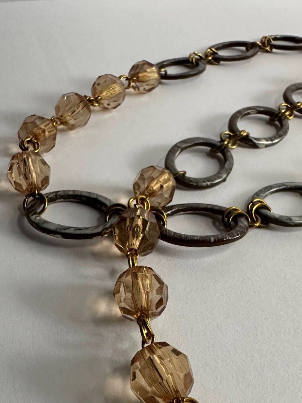 Vintage Beaded Necklace | Faceted Champagne Beads & Marbled Oval Links | 22"